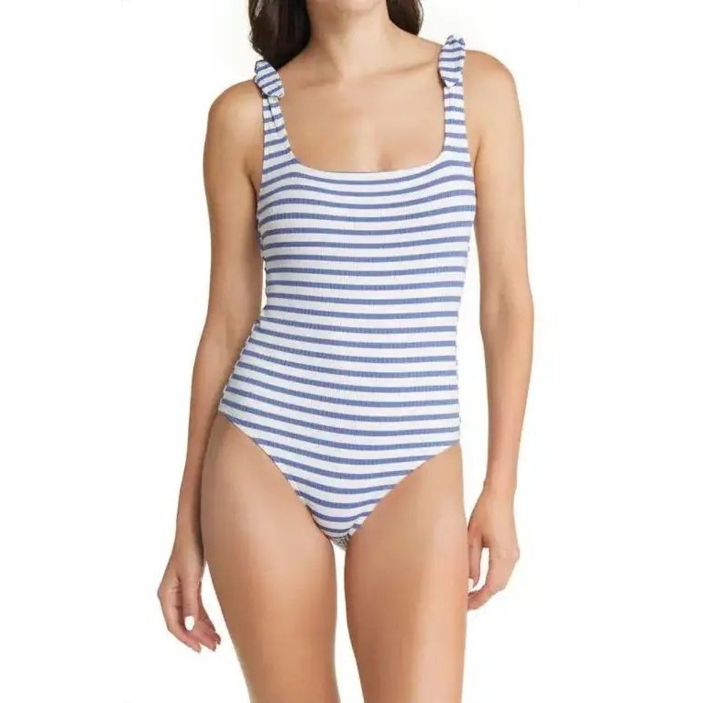 & Other Stories Blue White Stripe Ribbed One Piece Swimsuit Size 12 Tie Straps